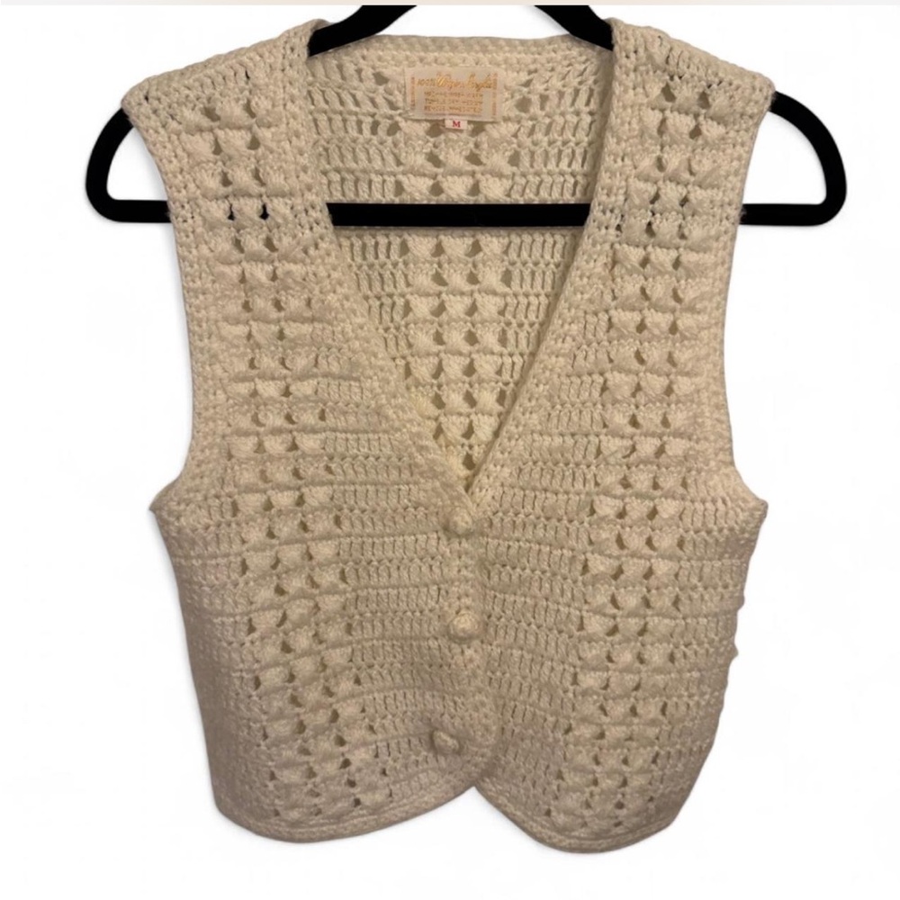 Vintage Cream Crochet Sweater Vest Boho Cottagecore Button Front M